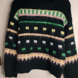 Cozy Black Patterned Mohair-Blend Sweater with Pastel Accents